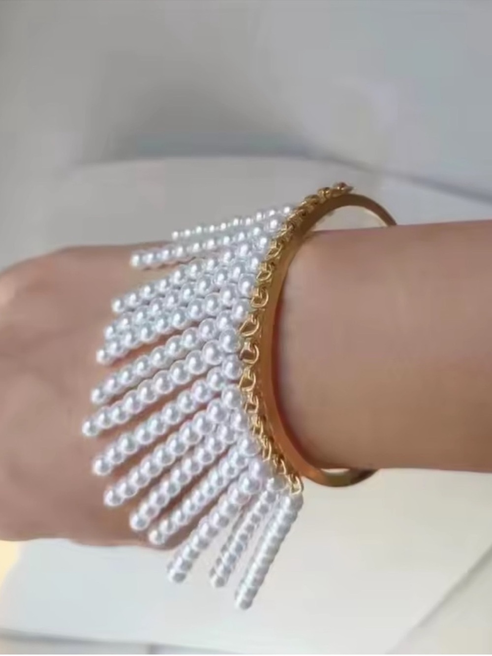 Anthropologie Gold Bangle with White Pearl Fringe